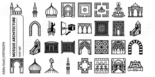 Mosque Islamic Architecture Bold Line Icons-Minaret Dome Iwan Sahn Mihrab Minbar Mashrabiya Muqarnas Riwaq Qibla Ottoman Mughal-25 Mosque Architecture Icon Set Vector