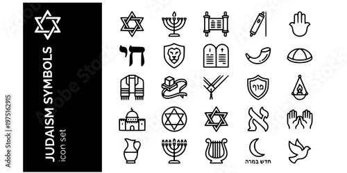 Judaism Symbols Faith Bold Line Icons-Star David Menorah Torah Mezuzah Hamsa Chai Shofar Kippah Tallit Tefillin Tzitzit-25 Judaism Icon Set Vector