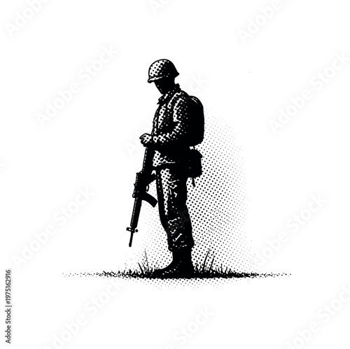 A lone standing soldier silhouette with a rifle held downward, minimal engraved lines defining the form, black and white halftone illustration, strong dot