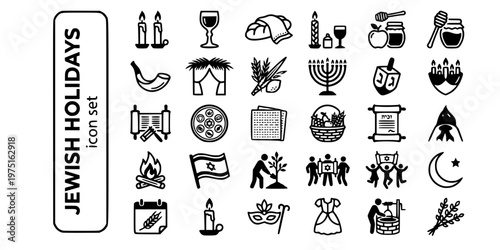 Jewish Sabbath Holidays Bold Line Icons-Shabbat Kiddush Challah Rosh Hashanah Yom Kippur Sukkot Hanukkah Purim Passover Shavuot-25 Jewish Holidays Icon Set Vector