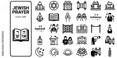 Jewish Prayer Synagogue Bold Line Icons-Aron Kodesh Bimah Siddur Amidah Shema Mechitza Mikveh Kaddish Minyan Aliyah Hazzan-25 Jewish Prayer Icon Set Vector