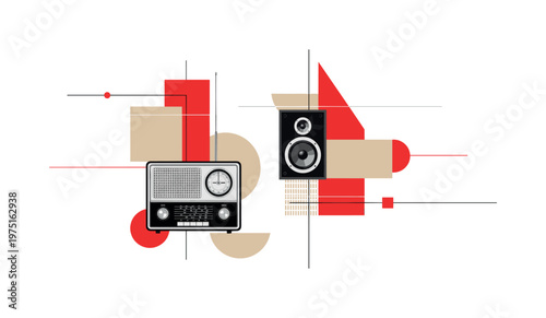 retro broadcast devices with bold color geometry, black and white radio and speaker combined with red and beige geometric forms, thin linear elements and