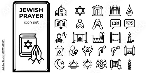 Jewish Prayer Synagogue Bold Line Icons-Aron Kodesh Bimah Siddur Amidah Shema Mechitza Mikveh Kaddish Minyan Aliyah Hazzan-25 Jewish Prayer Icon Set Vector