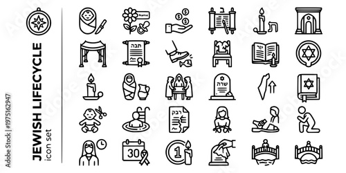 Jewish Lifecycle Rites of Passage Bold Line Icons-Brit Milah Bar Mitzvah Chuppah Ketubah Shiva Kaddish Yahrzeit Tahara Conversion-25 Jewish Lifecycle Icon Set Vector