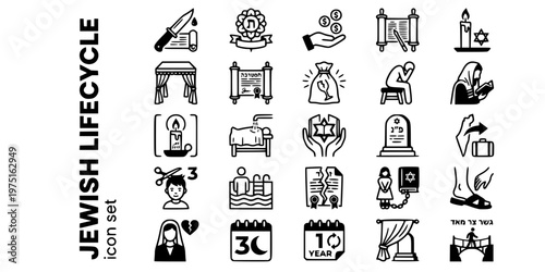 Jewish Lifecycle Rites of Passage Bold Line Icons-Brit Milah Bar Mitzvah Chuppah Ketubah Shiva Kaddish Yahrzeit Tahara Conversion-25 Jewish Lifecycle Icon Set Vector