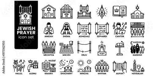 Jewish Prayer Synagogue Bold Line Icons-Aron Kodesh Bimah Siddur Amidah Shema Mechitza Mikveh Kaddish Minyan Aliyah Hazzan-25 Jewish Prayer Icon Set Vector