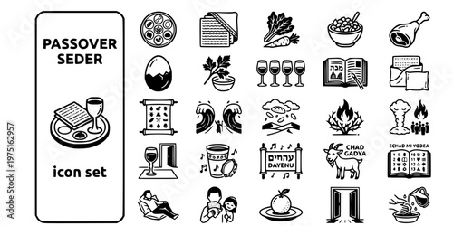 Passover Seder Exodus Bold Line Icons-Seder Plate Matzah Maror Charoset Haggadah Afikomen Plagues Red Sea Elijah Miriam Dayenu-25 Passover Icon Set Vector