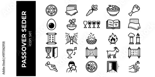 Passover Seder Exodus Bold Line Icons-Seder Plate Matzah Maror Charoset Haggadah Afikomen Plagues Red Sea Elijah Miriam Dayenu-25 Passover Icon Set Vector