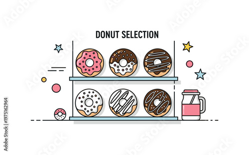 Donut selection showcase a tiny display window featuring different donut styles with simple icing patterns and sprinkles. A clean visual metaphor for choice