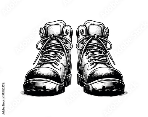 A pair of rugged hiking boots placed firmly with engraved texture and halftone shading, black and white illustration, newspaper-style print aesthetic, strong