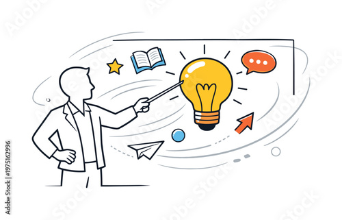 Dynamic Education Illustration. Explaining lesson concept. A clean teacher silhouette pointing to a bold