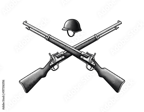 A pair of crossed rifles with a small soldier helmet silhouette above, engraved composition with halftone dot pattern, black and white editorial print style,