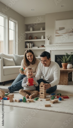 Diverse parents and their toddler child are joyfully laughing and building with wooden and plastic toy blocks on a cozy rug at home, fostering family bonding and childhood development
