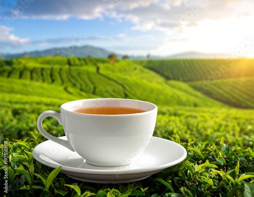 A white teacup and saucer rest atop verdant tea bushes with a backdrop of rolling, terraced hills and a sunny sky