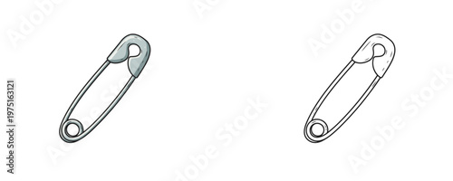 Safety pin illustrations in silver cartoon and black linear styles featuring metallic texture and closed latch used for sewing and fastening on a white background
