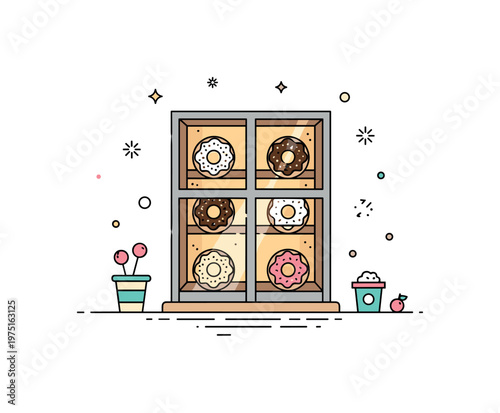 Cozy dessert window a miniature bakery scene with a glowing window frame and donuts arranged symmetrically inside. The composition evokes warmth and comfort of
