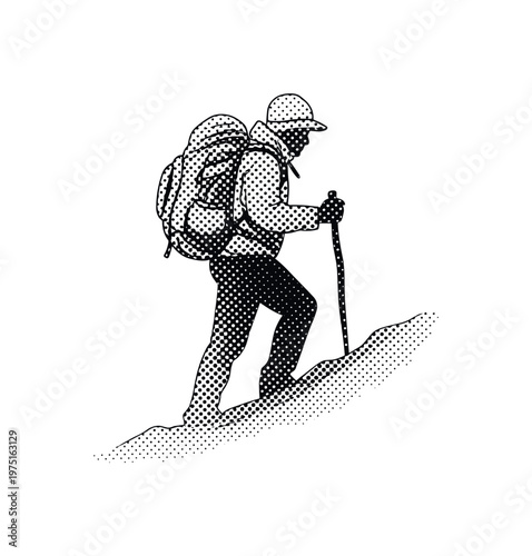 A lone wanderer silhouette with a backpack and walking stick, slightly angled as if ascending, engraved-style linework with halftone dot shading, black and