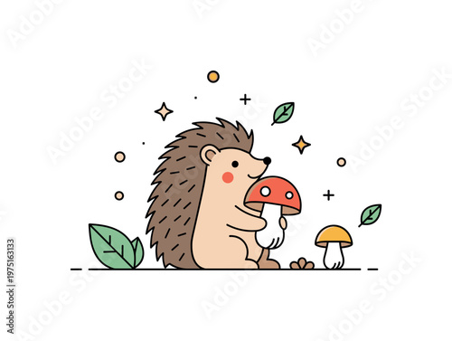 Woodland harvest moment a small hedgehog holding a mushroom with subtle leaf accents and soft sparkles. A warm and inviting illustration of forest gathering