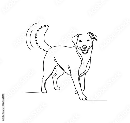 Friendly Greeting. Minimalistic one-line drawing a dog wagging its tail while approaching happily, continuous single black line on white background, simple