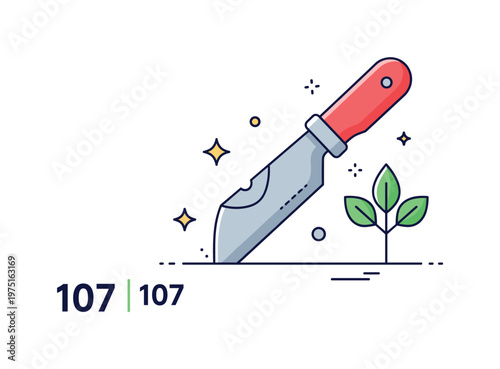 Garden maintenance detail showing a sharpened tool edge with small sparkle accents and a nearby plant expressing readiness and clean cutting performance.