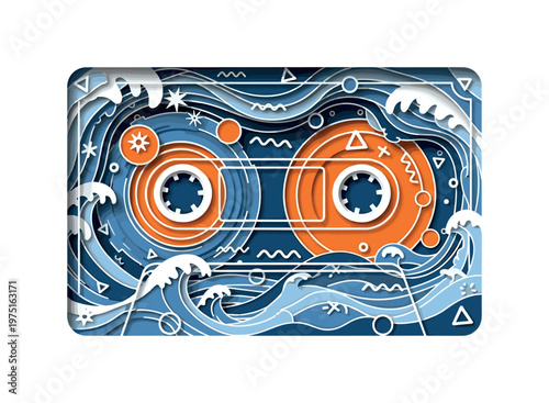 cut-out cassette built from waves with overlapping orange and blue circles and abstract symbols, layered paper collage look with white outlines, surreal