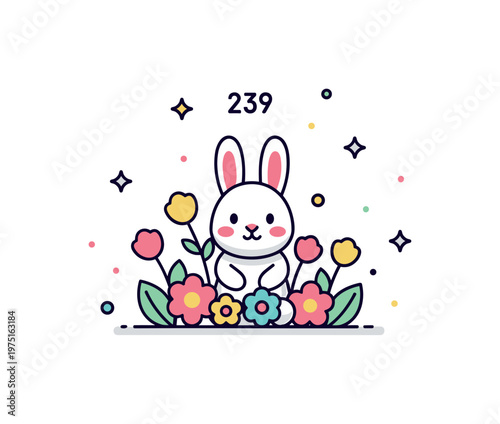 Little bunny springtime cute tiny bunny surrounded by colorful flowers with soft petals and subtle decorative sparkles enhancing the whimsical scene.