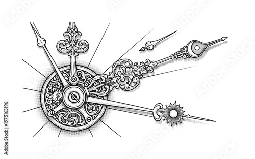 A detailed central pivot of a clock with ornate hands radiating outward, rendered in engraved linework and halftone shading, black and white illustration,