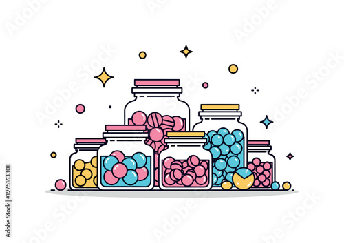 Candy jars scene a tiny collection of jars filled with sweets with soft decorative sparkles enhancing the joyful mood. The composition highlights abundance and