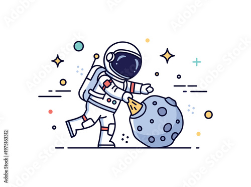 Playful space exploration a cute astronaut exploring a small asteroid with gentle motion accents and bright details. A cheerful and engaging illustration