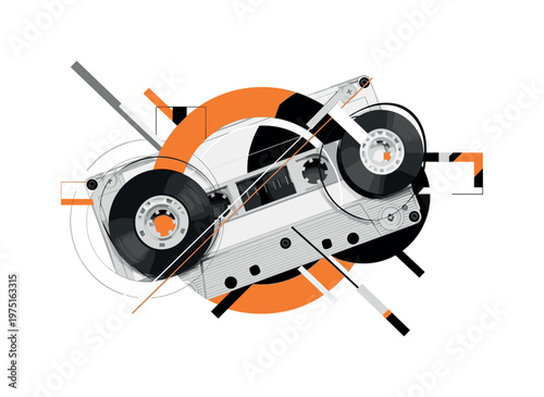 close-up of cassette tape reels with exposed magnetic tape, monochrome object combined with bold circular forms and diagonal lines, fragmented geometric blocks
