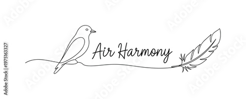 Air Harmony. Minimalistic one-line drawing a bird and feather arranged in a calm flowing line, continuous single black line on white background, simple outline