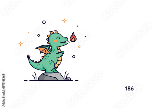 Little dragon breathing tiny fire adorable tiny dragon standing on a small rock, gently exhaling a tiny flame with a cheerful expression and subtle decorative