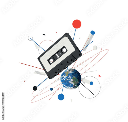 vintage cassette cosmic orbit with floating geometric lines circles and cylinders, black and white cassette tape floating above earth with orbital path lines