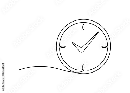 Daily Efficiency Concept. Minimalistic one-line drawing round clock with integrated check mark and subtle motion curve, continuous single black line on white