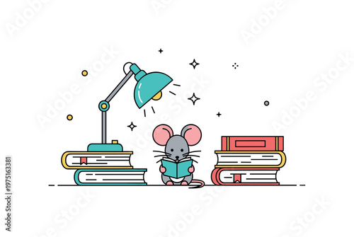 Mouse library night a tiny mouse surrounded by a couple of stacked books reading under a small lamp with subtle sparkles. The scene suggests curiosity and love