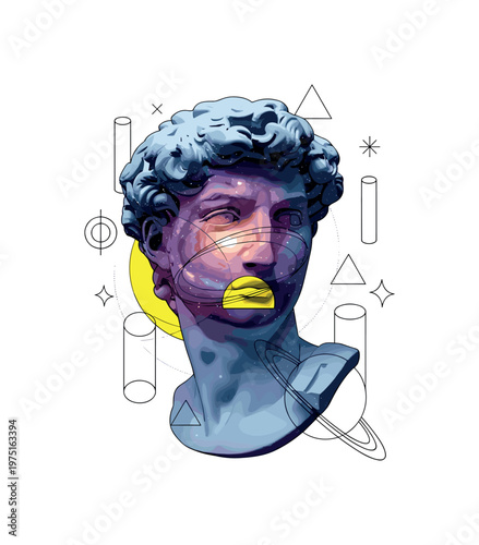 front-facing classical sculpture with galaxy textures inside, yellow semicircles and thin black lines suggesting cosmic motion, abstract cylinders and symbols