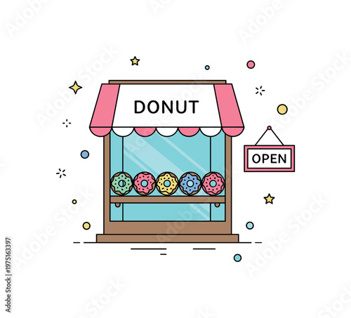 Donut window delight a small storefront frame with pastel glazed donuts lined up and a subtle open sign adding a welcoming touch. A friendly and inviting