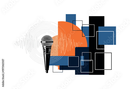 microphone audio frequency with geometric semicircles lines and abstract blocks, black and white vintage microphone surrounded by audio wave graphics with