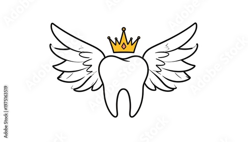 A white tooth with a small golden crown and two feathered wings, all outlined in black on a white background