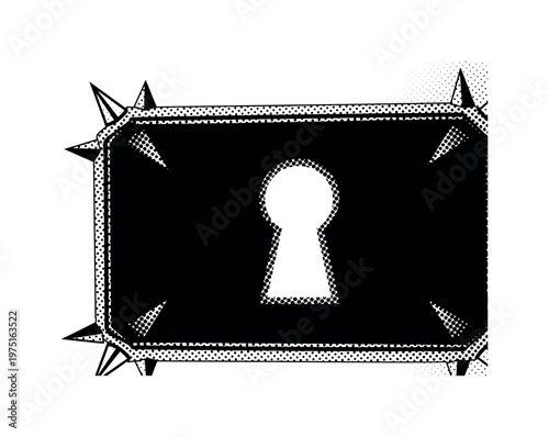 An abstract retro-gothic plaque with spiked ornamental borders and a negative-space keyhole form, partially cropped at the frame edge for dynamic composition,
