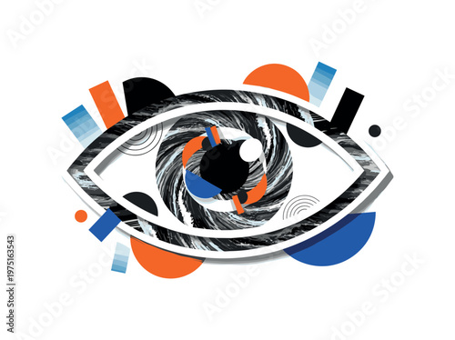 ocean wave eye composition with geometric circles semicircles and abstract blocks, black and white surreal eye formed from swirling ocean waves with white