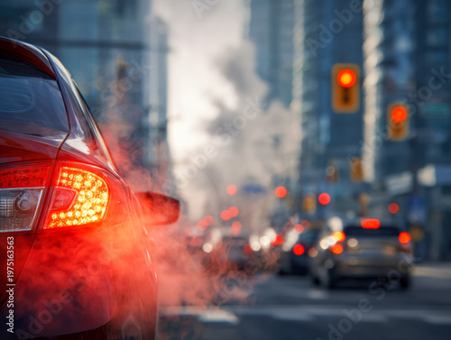 Red vehicle stopped at a busy urban intersection with heavy traffic emissions visible on a cold day amid tall city buildings and illuminated brake lights
