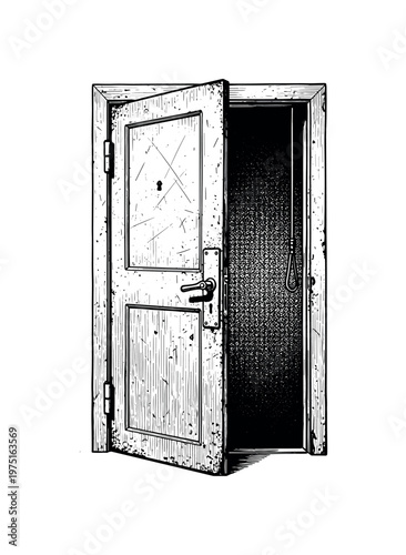 A worn metal panel door with handle and subtle engraved texture, black and white illustration, classic editorial style, high contrast, minimal composition,