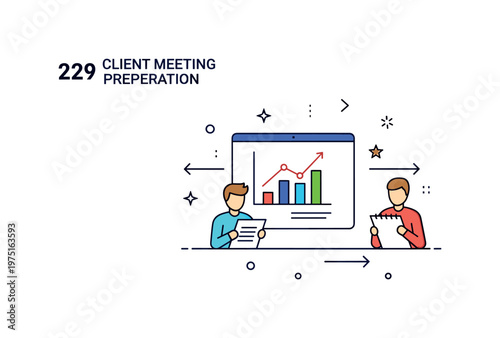 Client meeting preparation concept with a screen displaying a graph, a figure reviewing notes, and subtle arrow accents conveying progress and readiness.