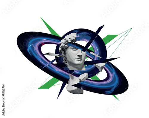 fragmented classical sculpture with rainbow beams breaking through, green geometric shapes and sharp lines slicing through composition, flat colors and strong