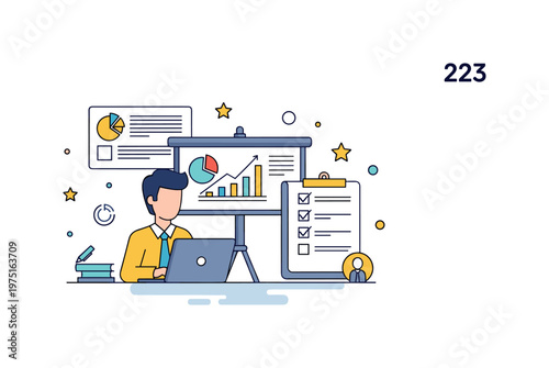 Business owner preparing a sales presentation with a person working on a laptop beside charts and a checklist conveying focus, strategy, and client readiness.