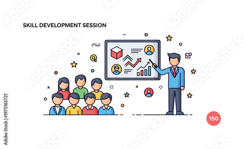 Skill development session concept with a group and instructor using a board with icons and arrows conveying structured learning and career growth. Minimalist