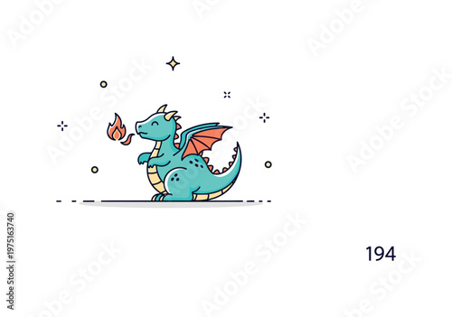 Mini fantasy dragon tiny dragon gently breathing a small flame with subtle decorative sparkles and tiny accents creating a whimsical scene. Minimalist flat