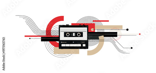 old cassette recorder representing audio broadcasting, black and white device combined with flowing lines and circular forms, geometric shapes like semicircles