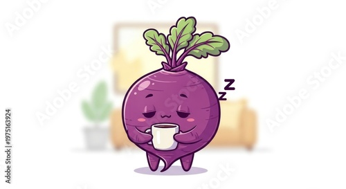 Cute cartoon beetroot character sleeping with coffee.